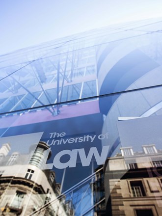 The University of Law logo on glass building