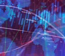 Financial information superimposed on a digital world map