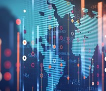 Financial numbers superimposed with a digital map