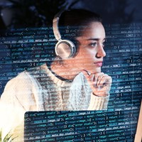 Woman wearing headphones and looking at data on a computer