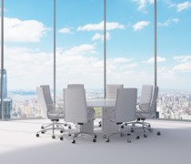 Meeting table and chairs in a bright room with a view