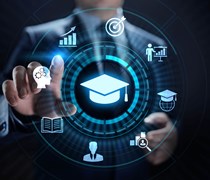 Person pressing productivity icons on a digital display