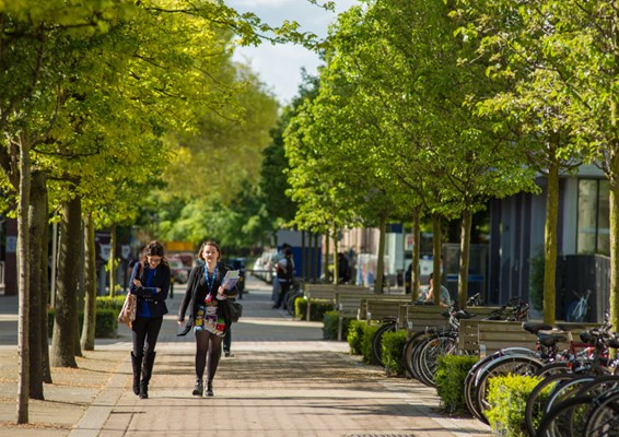 Students walking around the sunny campus of Liverpool University