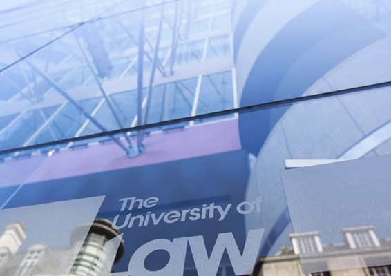 The University of Law logo on glass building