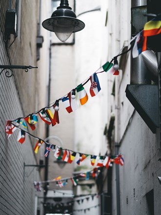 International flags hanging in the street International flags hanging in the street