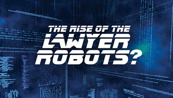 Futuristic backdrop with 'The Rise of the Lawyer Robots' in futuristic font