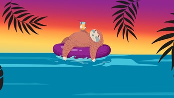 Illustrated cartoon of a sloth rek on a rubber ring, whilst holding a drink.