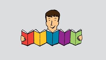 Illustrated cartoon of a smiling man holding multiple books