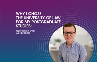 Why I chose the University of Law for my Postgraduate Studies featuring a person in glasses and two graphic circles.