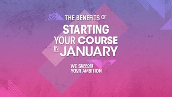 White text reads The benefits of starting your course in January, with a pink and purple background