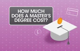 Text How Much Does a Master's Degree Cost? on pink background with a graduation cap and currency symbols.
