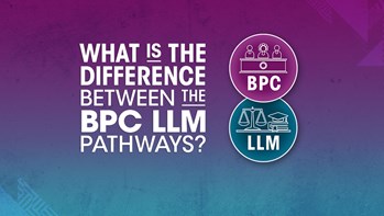 Text reading: What is the difference between the BPC LLM pathways? Next to this, circular images representing a court room, balancing scales, and a graduation hat