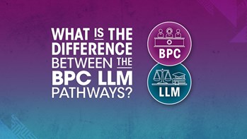 Text reading: What is the difference between the BPC LLM pathways? Next to this, circular images representing a court room, balancing scales, and a graduation hat