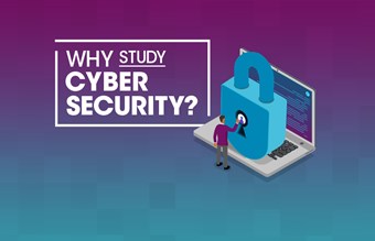 Why Study Cyber Security? text next to a laptop and padlock graphic on a gradient background.