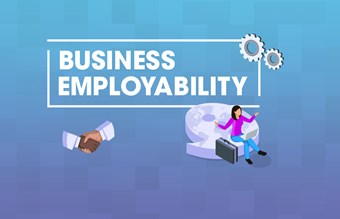 a person working at a laptop and the text 'business employability'