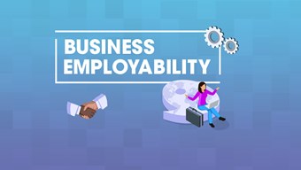 The benefits of a career in consultancy a person working at a laptop and the text 'business employability'