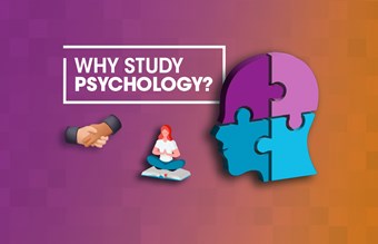 Text Why Study Psychology? with handshake and puzzle head on gradient background.
