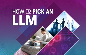 How to Pick an LLM text with three overlapping images on a purple-blue gradient background.