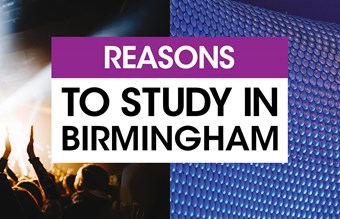 Crowd at a concert with hands raised; Text: Reasons to Study in Birmingham on a split purple and black background.