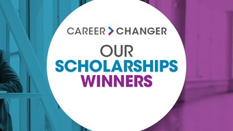 Career Changer banner with two pairs of professionals in meetings, plus text OUR SCHOLARSHIPS WINNERS.