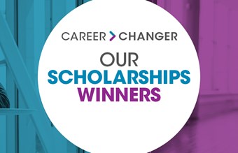 Career Changer banner with two pairs of professionals in meetings, plus text OUR SCHOLARSHIPS WINNERS.