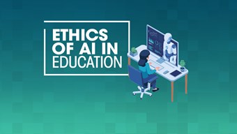 Graphic of a woman at a computer with graphic of robot on the screen.