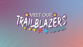 Text 'Meet our Trailblazers' displayed on a colourful The University of Law branded background.