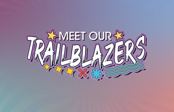 Text 'Meet our Trailblazers' displayed on a colourful The University of Law branded background.