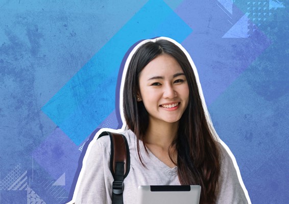 Female student with book bag and iPad