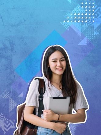 Female student with book bag and iPad