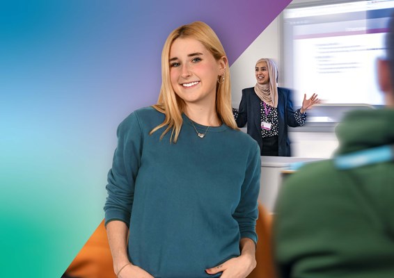 Female student with lecturer presenting in a classroom in the background