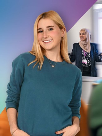 Female student with lecturer presenting in a classroom in the background