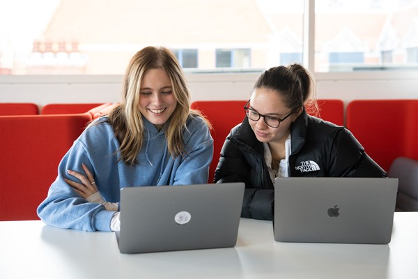 Two female students studying together on their laptops